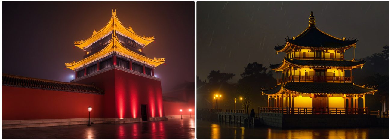 Nightscape of historical buildings under low color temperature lighting